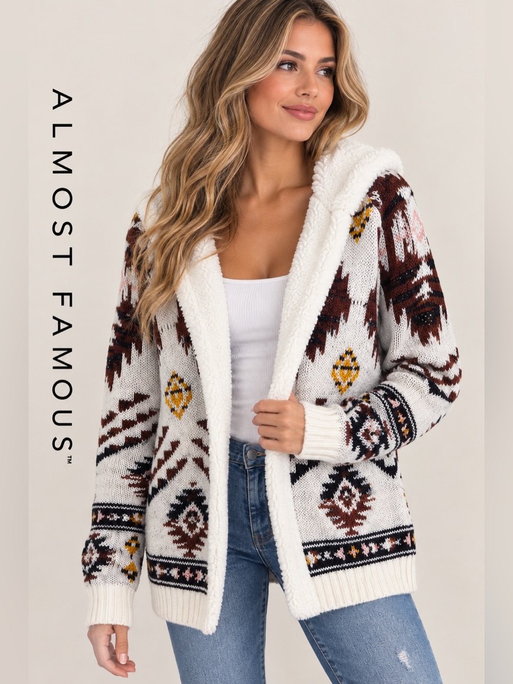 Almost Famous Aztec Print Sherpa-Lined Hooded Cardigan Sweater M